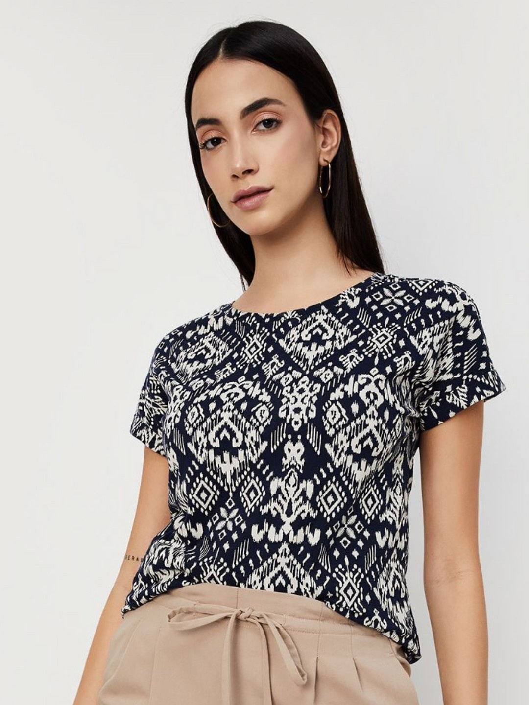

max Women Abstract Printed Round Neck Cotton T-Shirt, Blue