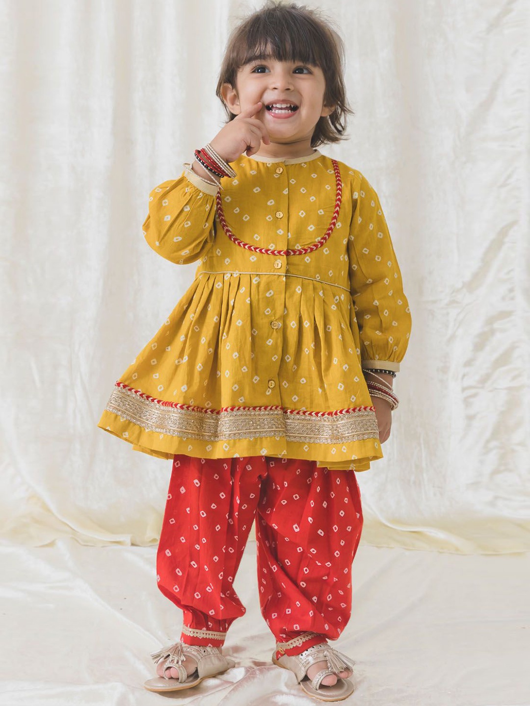 

Tiber Taber Girls Printed Gotta Patti Pure Cotton A-Line Pleated Kurta With Salwar, Mustard