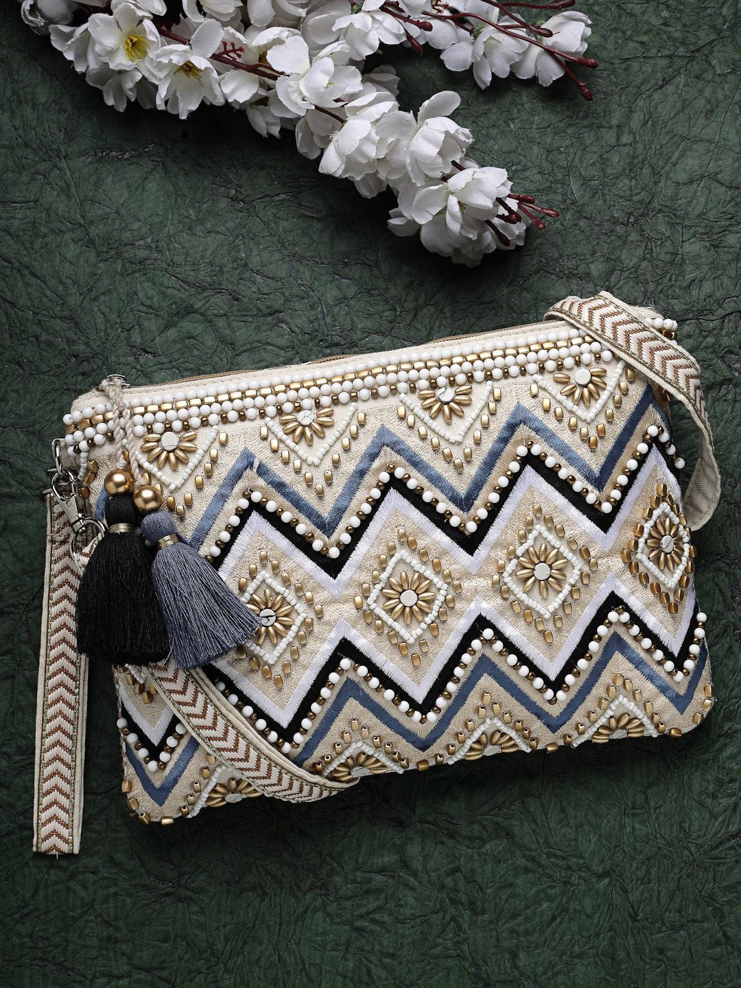 

Anekaant Chevron Embellished Cotton Jacquard Sling Bag, Cream