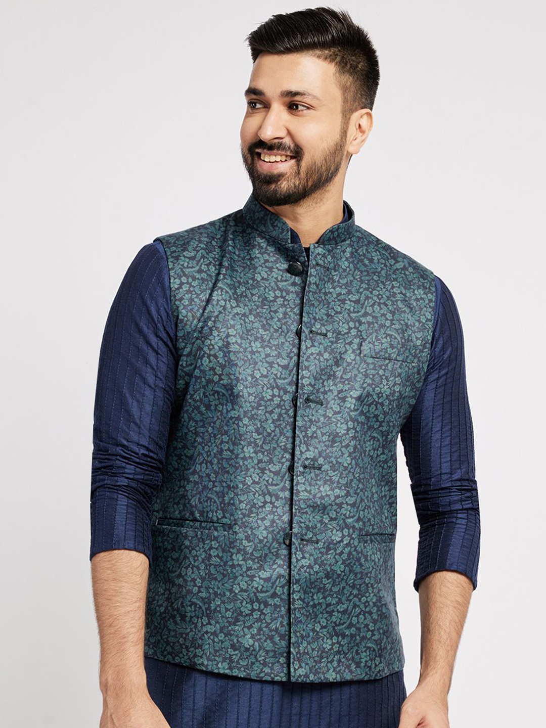 

Ethnic India Printed Woven Nehru Jacket, Navy blue