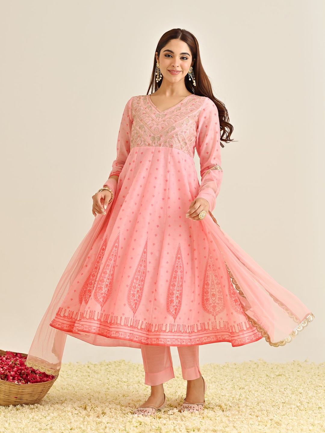 

Rustorange Floral Printed Regular Beads & Stones Anarkali Kurta With Trousers & Dupatta, Pink