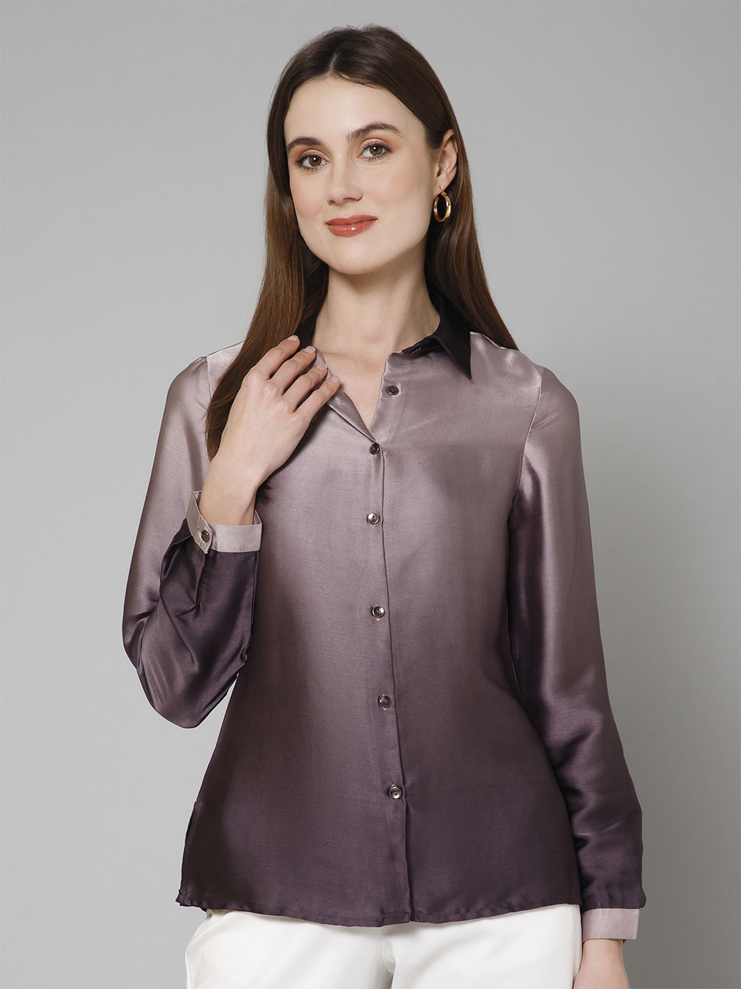 

PURYS Women Smart Spread Collar Solid Satin Casual Shirt, Grey