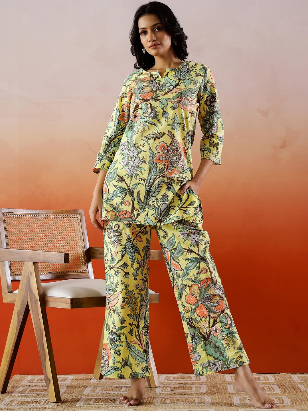 

FLAVIA CREATION Floral Printed Notched Neck Pure Cotton Tunic And Trouser, Yellow