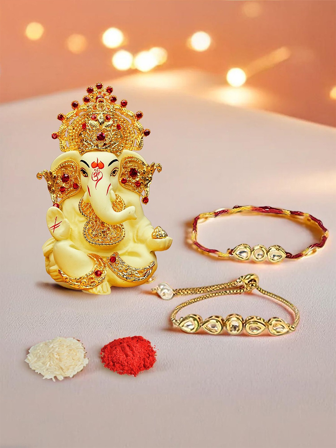 

Ekhasa Set Of 2 Bhaiya Bhabhi Rakhi With Ganesha Idol & Roli Chawal Rakhi Gift Set, Red