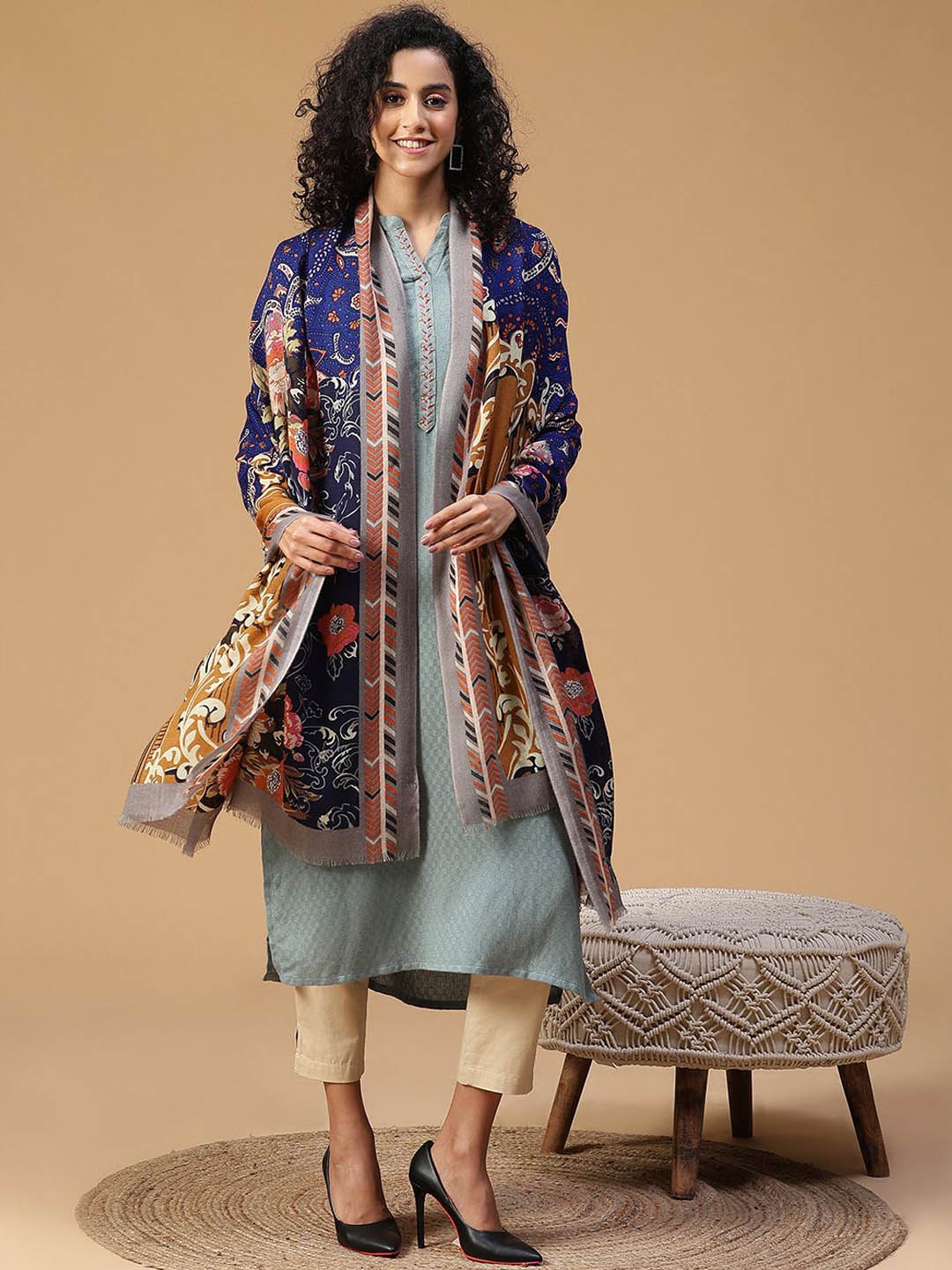 

SHINGORA Women Ethnic Motifs Printed Woollen Shawl, Blue