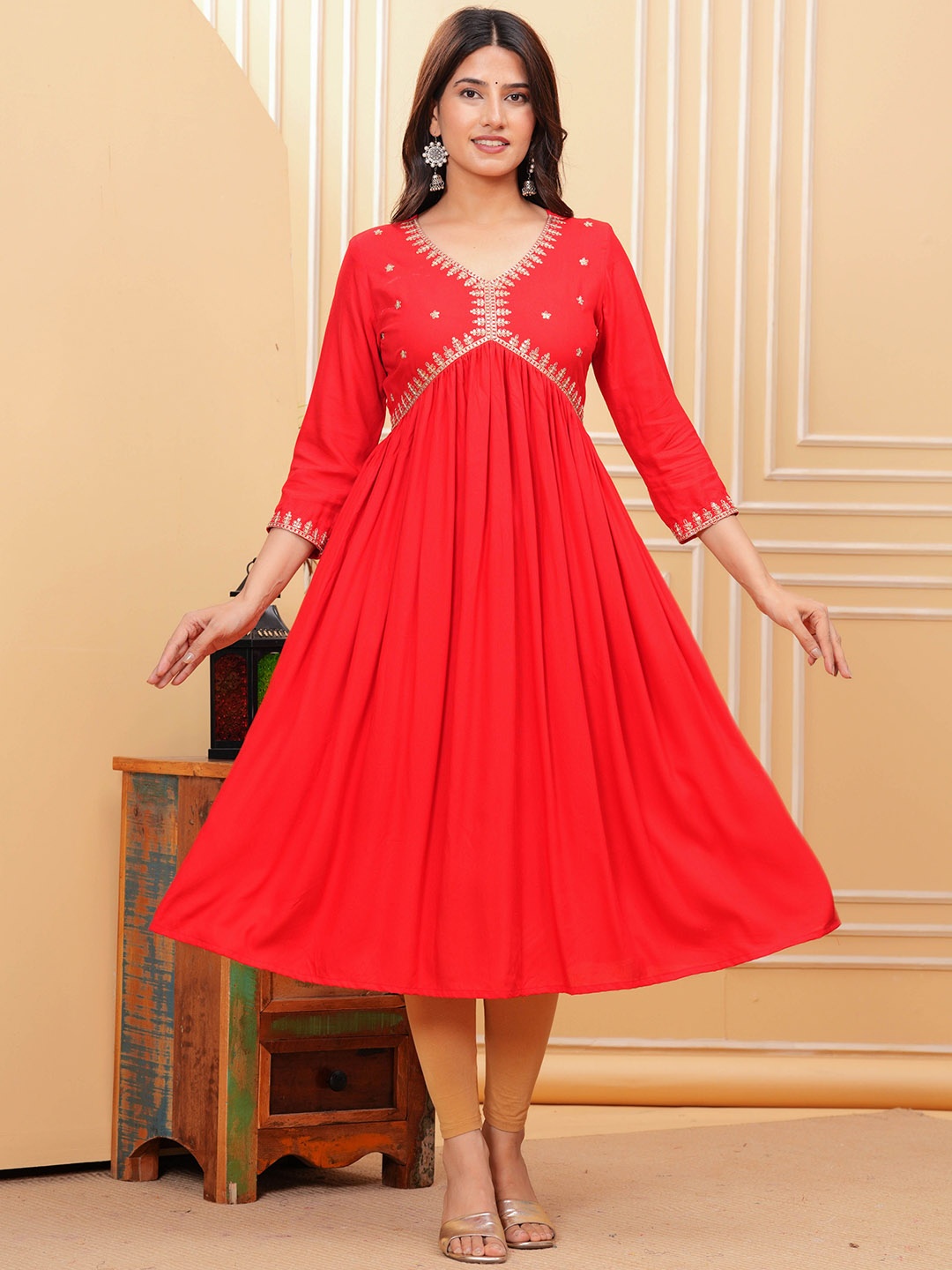 

KPF Floral Yoke Design Zari Angrakha Anarkali Kurta, Red