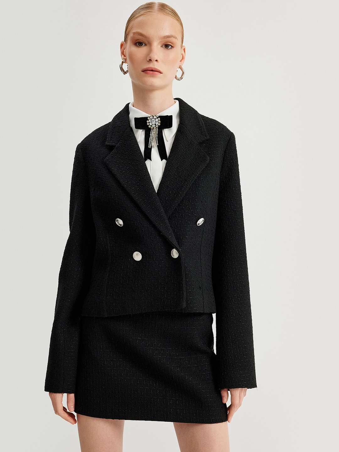 

Koton Women Solid Lapel Collar Tailored Jacket, Black