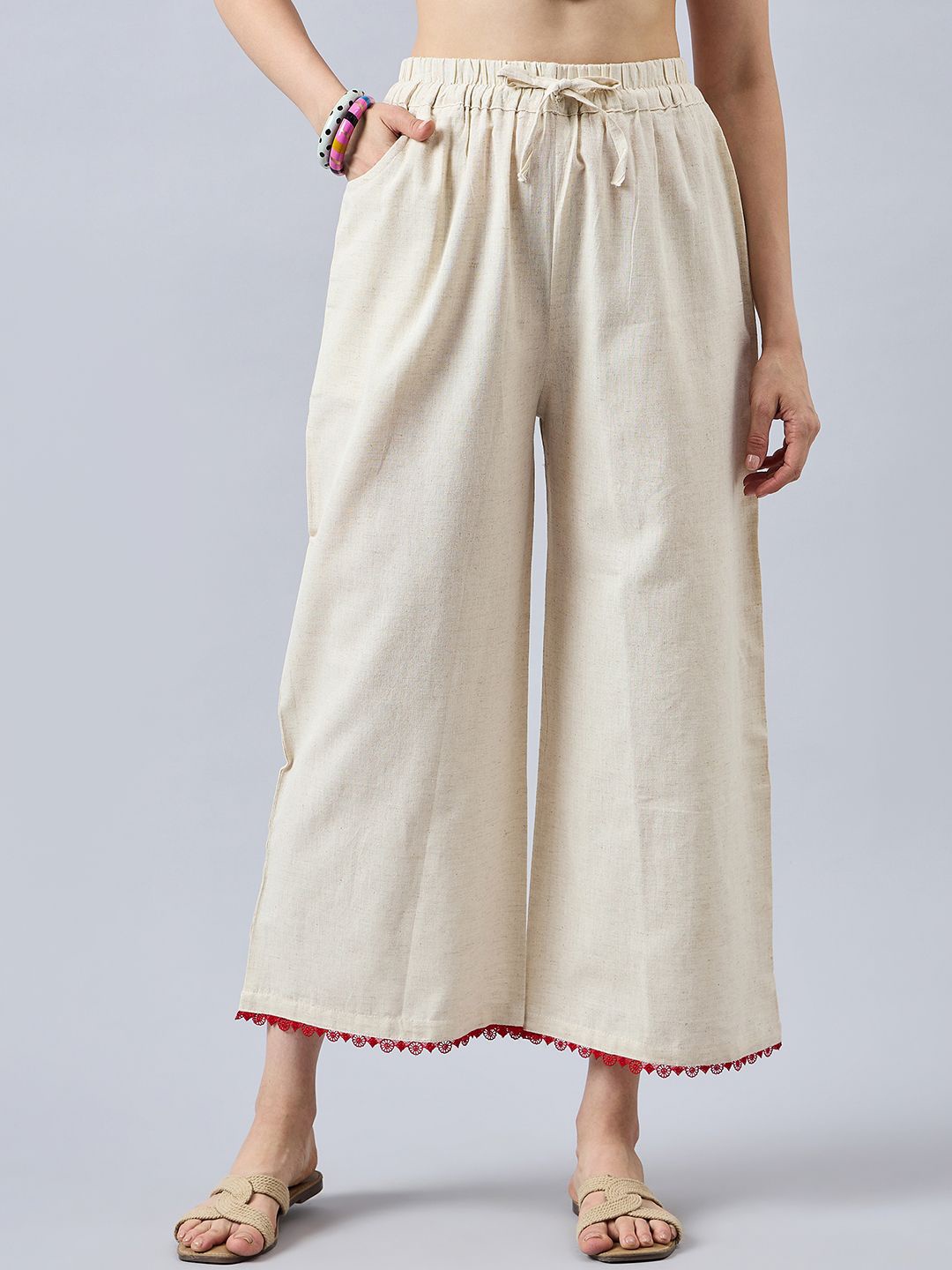 

THE PAJAMA FACTORY Women Lace Detail Ethnic Palazzos, Off white