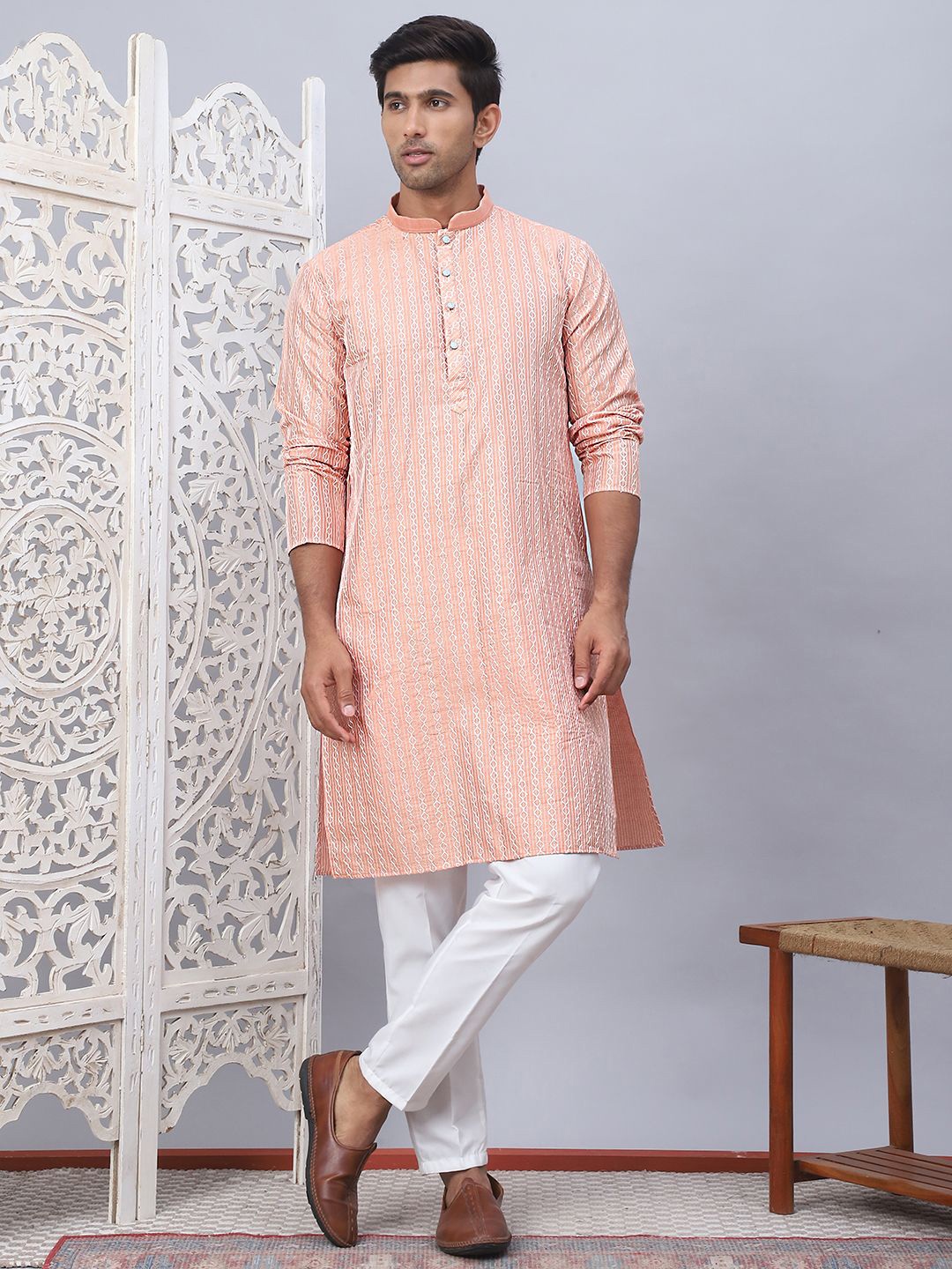 

Anouk Peach-Coloured Geometric Embroidered Sequinned Silk Cotton Straight Kurta & Pyjamas