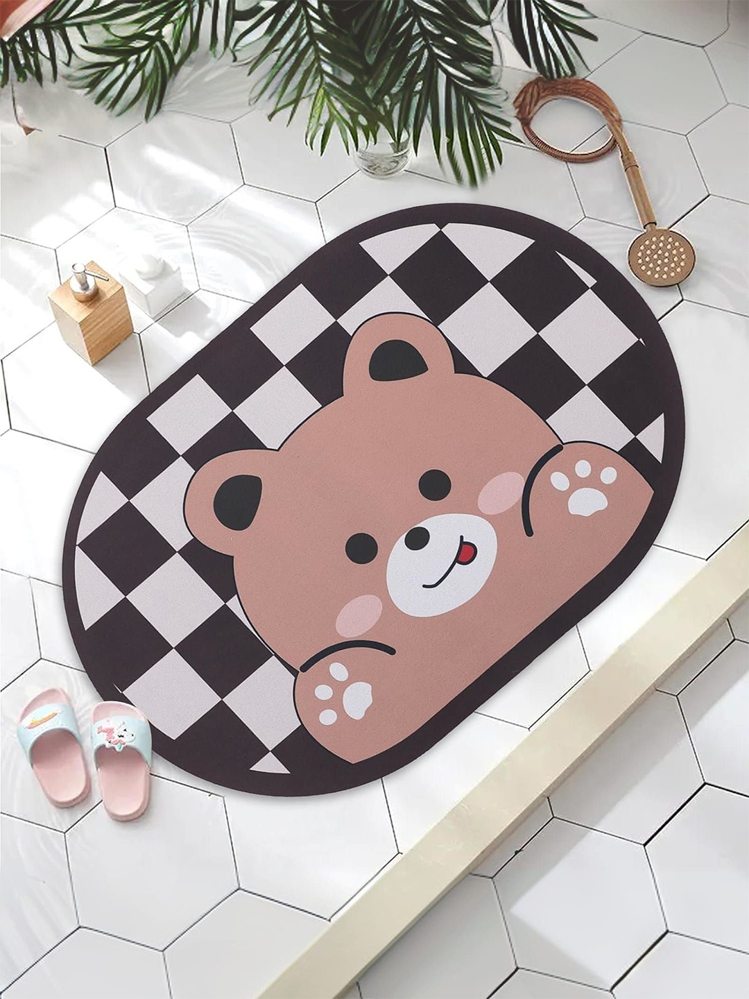 

Kuber Industries Brown & White 4 Pieces Printed Anti-Skid 240 GSM Bath Rugs