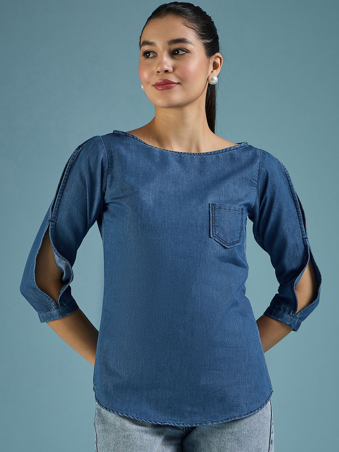 

DressBerry Slit Sleeve Denim Top, Blue