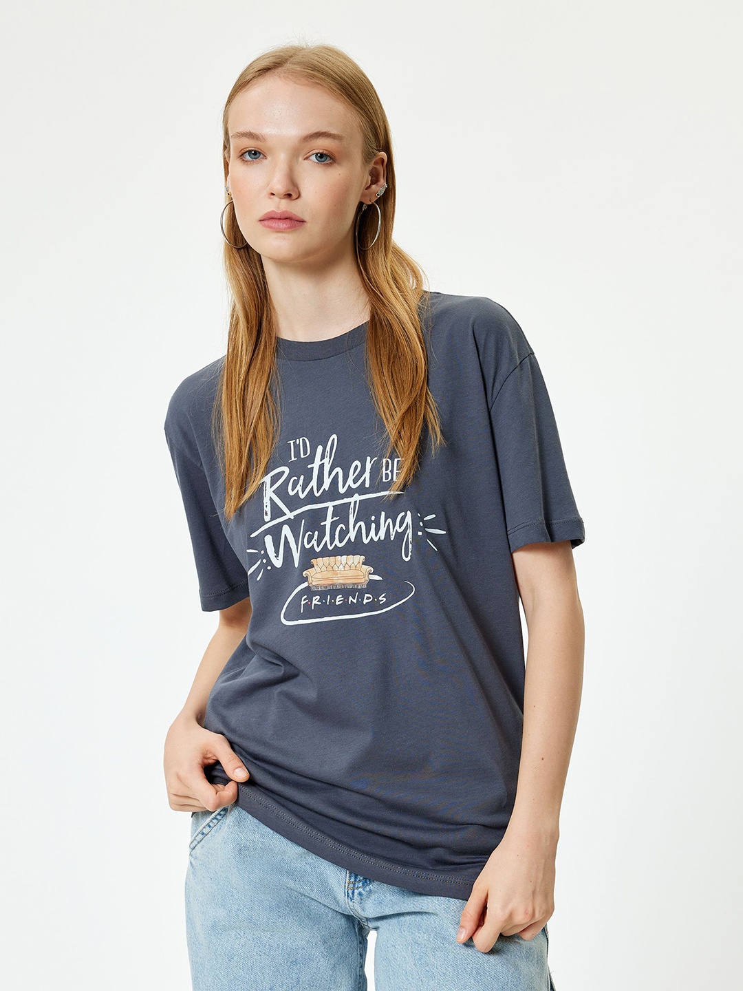

Koton Women Typography Printed Round Neck Cotton Oversized T-Shirt, Grey
