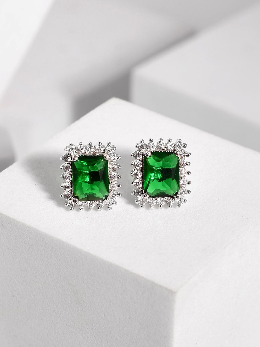 

Voylla Sparkling Elegance Emerald Rhodium Plated American Diamond Studs, Silver