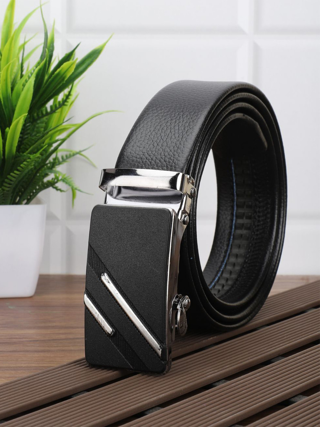 

WINSOME DEAL Men Textured Slider Buckle Formal Belt, Black