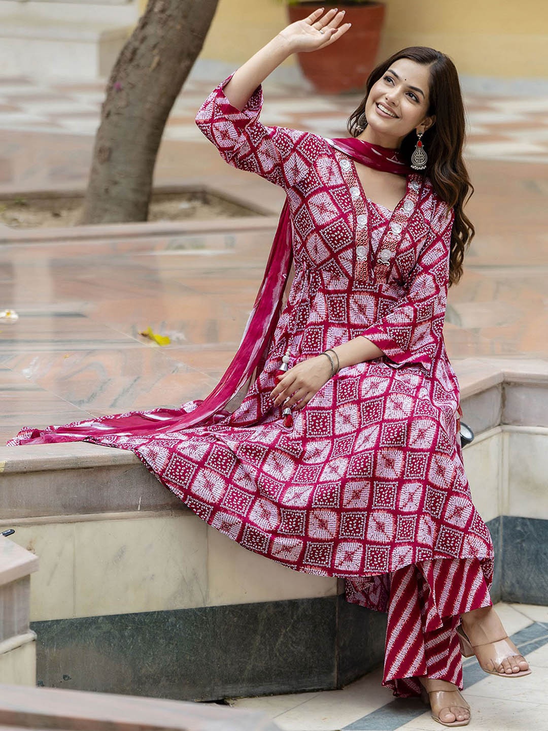 

Anouk Red Floral Printed Sequinned Pure Cotton A-Line Kurta With Palazzo & Dupatta
