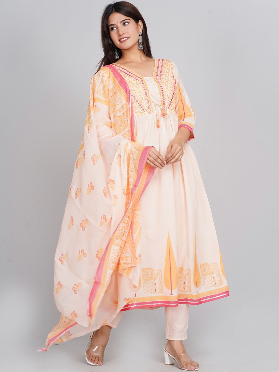 

Neemiya Floral Embroidered Empire Thread Work Anarkali Kurta with Trousers & Dupatta, Peach