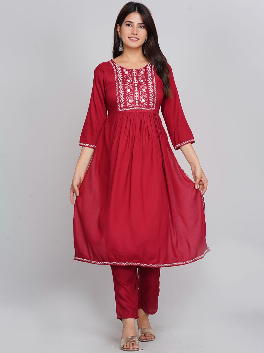 

Neemiya Floral Embroidered Empire Thread Work A Line Kurta with Trousers, Maroon