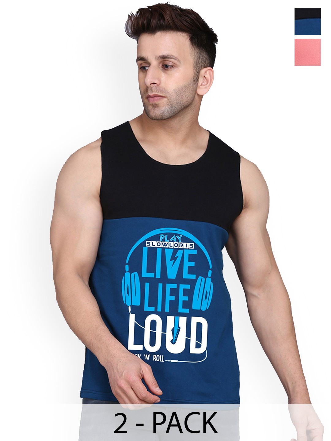 

SLOWLORIS Pack Of 2 Printed Innerwear Vests SL26 COMBO (LOUD BLKPCK) (NVR PEACH), Black
