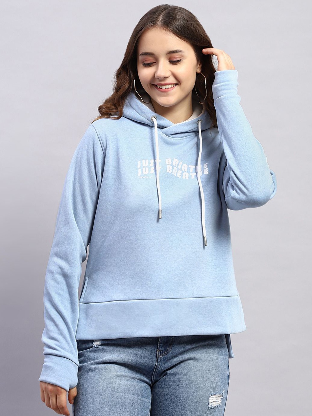 

rock.it Women Typography Printed Hooded Knitted Sweatshirt, Blue