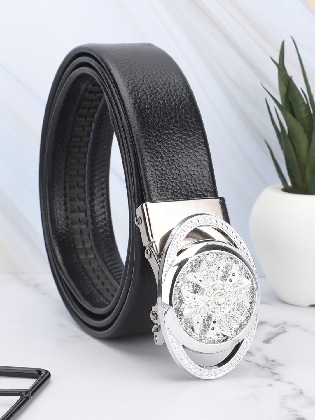 

WINSOME DEAL Men Textured Slider Buckle Formal Belt, Black