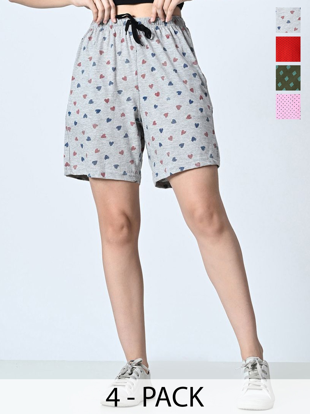 

BAESD Pack Of 4 Women Printed High-Rise Pure Cotton Shorts, Grey