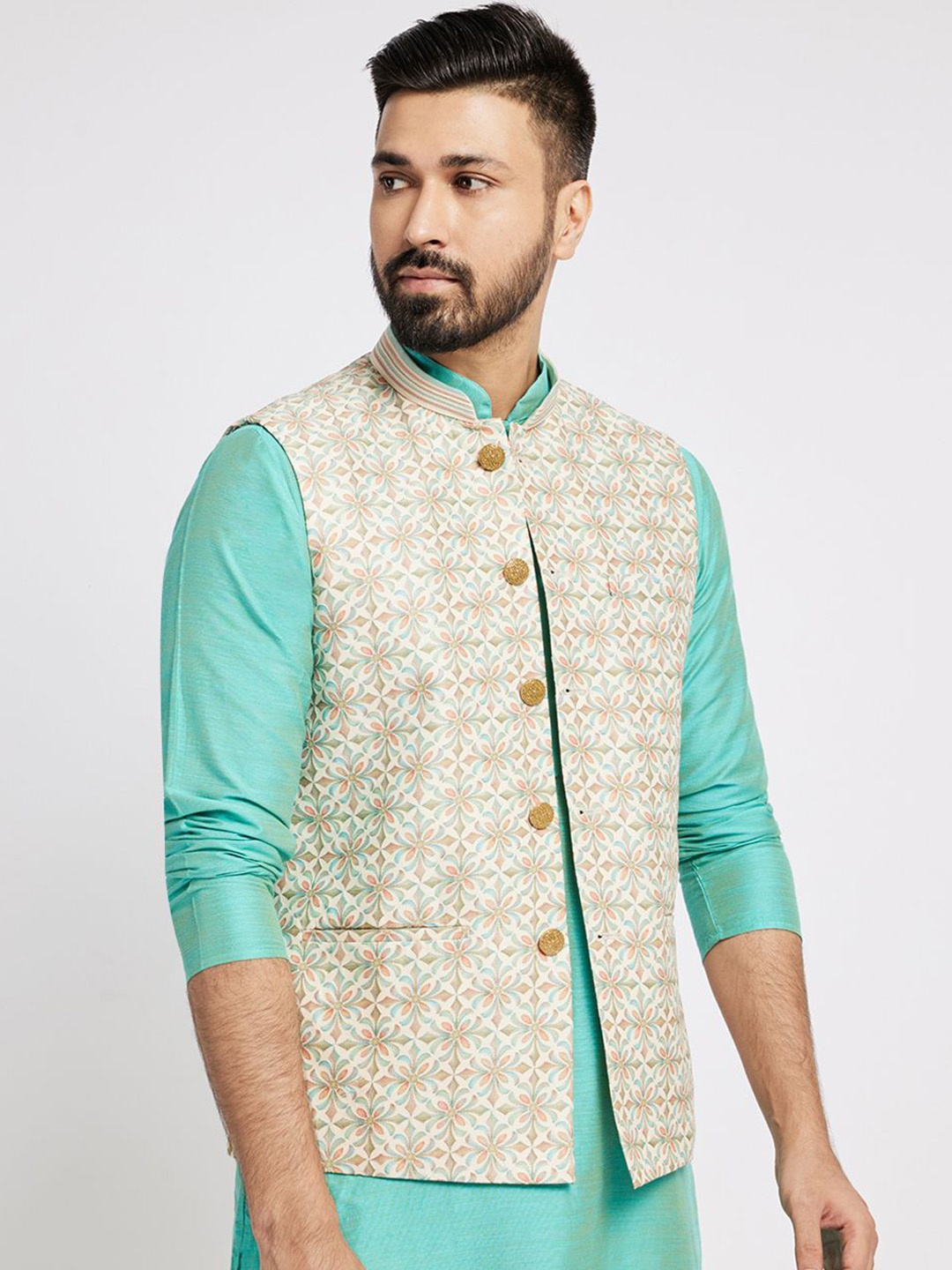 

Ethnic India Printed Woven Nehru Jacket, Cream