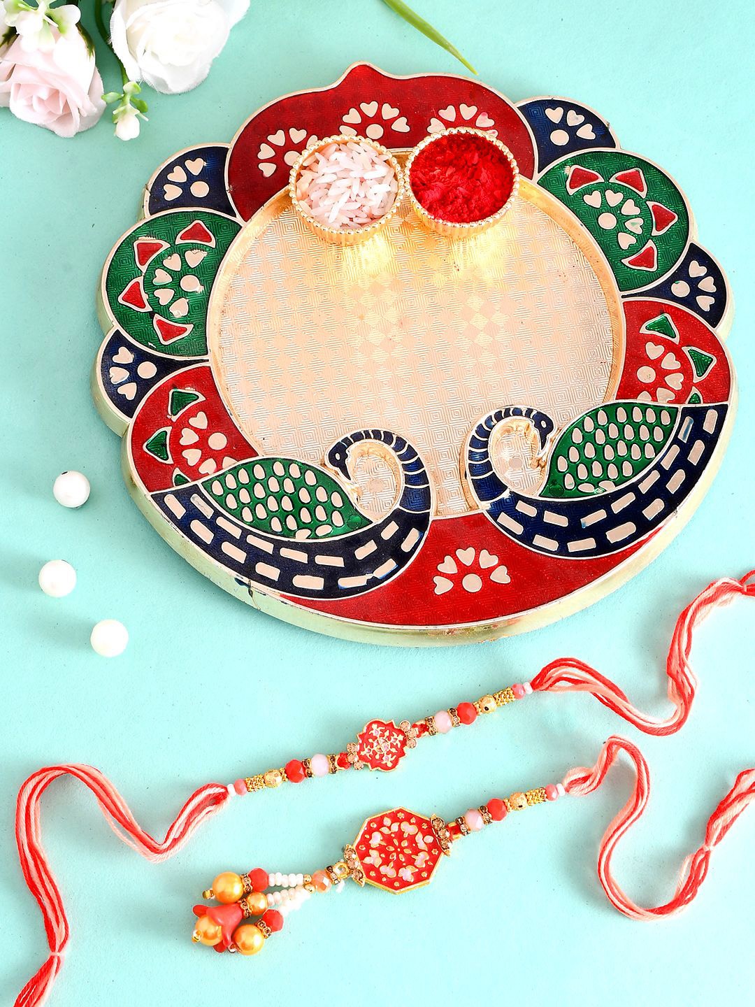 

Aapno Rajasthan Set of 2 Beaded Bhaiya Bhabhi Rakhi With Pooja Thai And Roli Chawal, Red