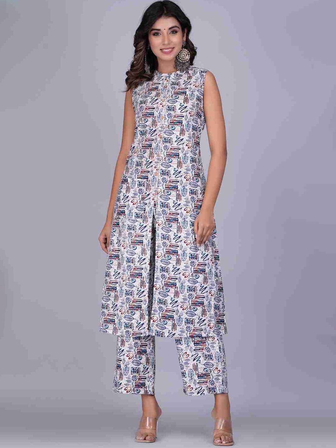 

Krati Creations Floral Printed Mandarin Collar Sleeveless A-Line Kurta With Palazzo, White