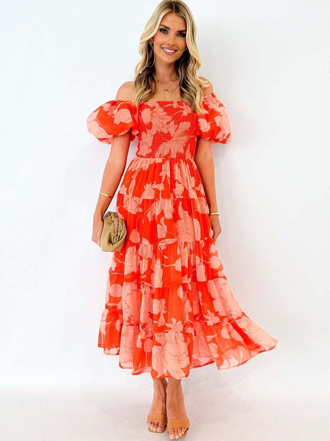 

StyleCast x Revolte Floral Printed Fit and Flare Flared Sleeve Chiffon Midi Dress, Orange
