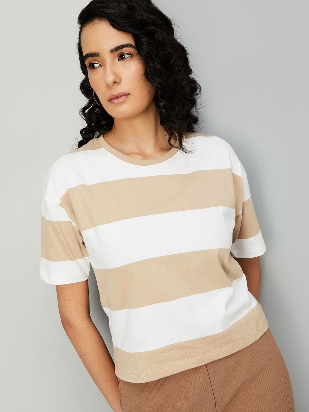 

max Women Striped Round Neck Cotton T-Shirt, Beige