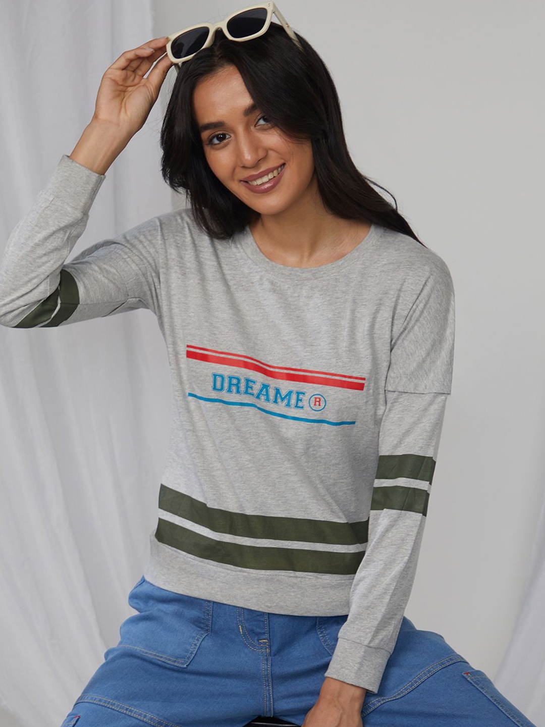 

PINACOLADA Women Striped Round Neck Polycotton Top, Grey