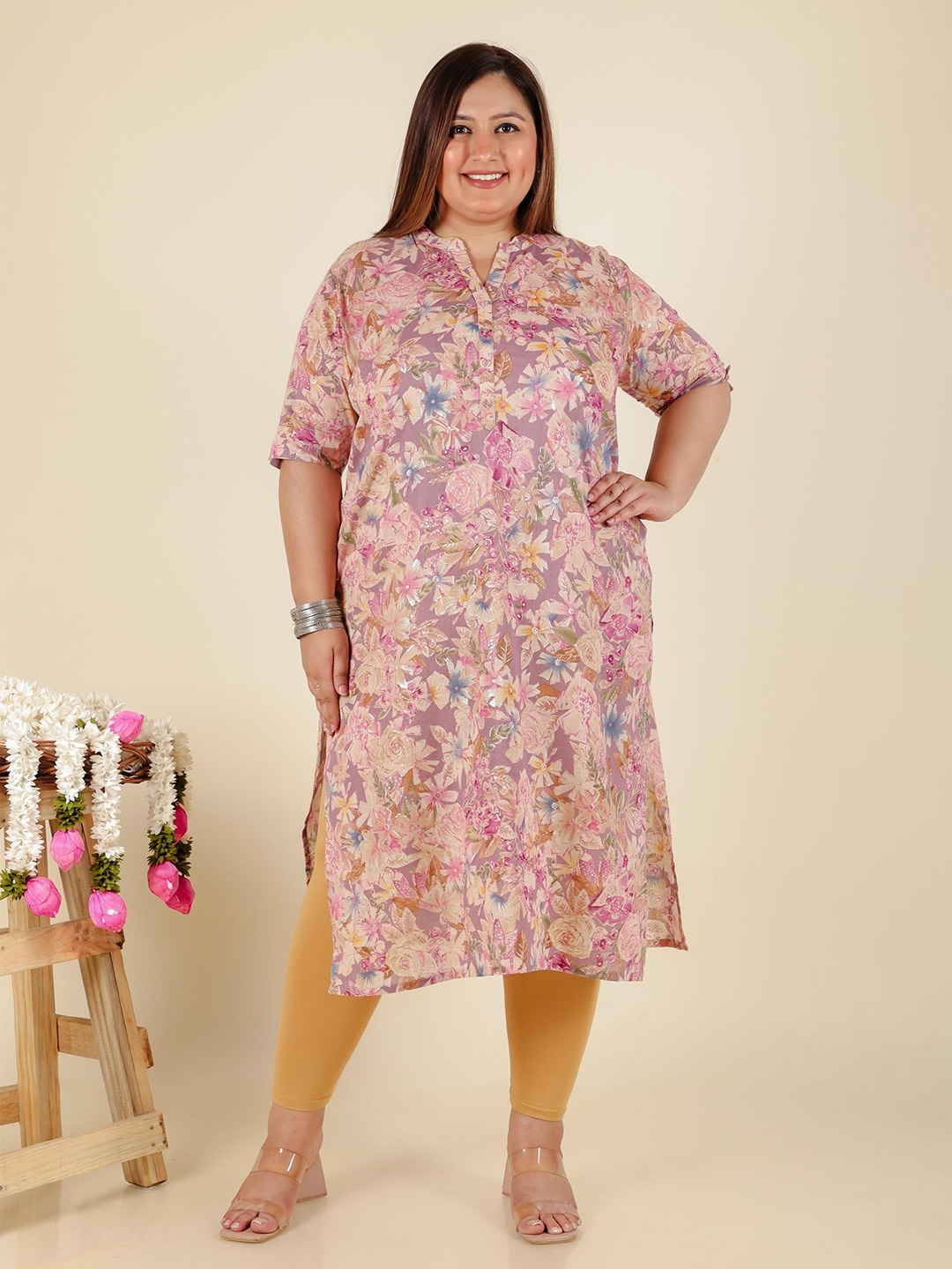 

LALI JAIPUR Women Plus Size Floral Printed Pure Cotton Kurta, Purple