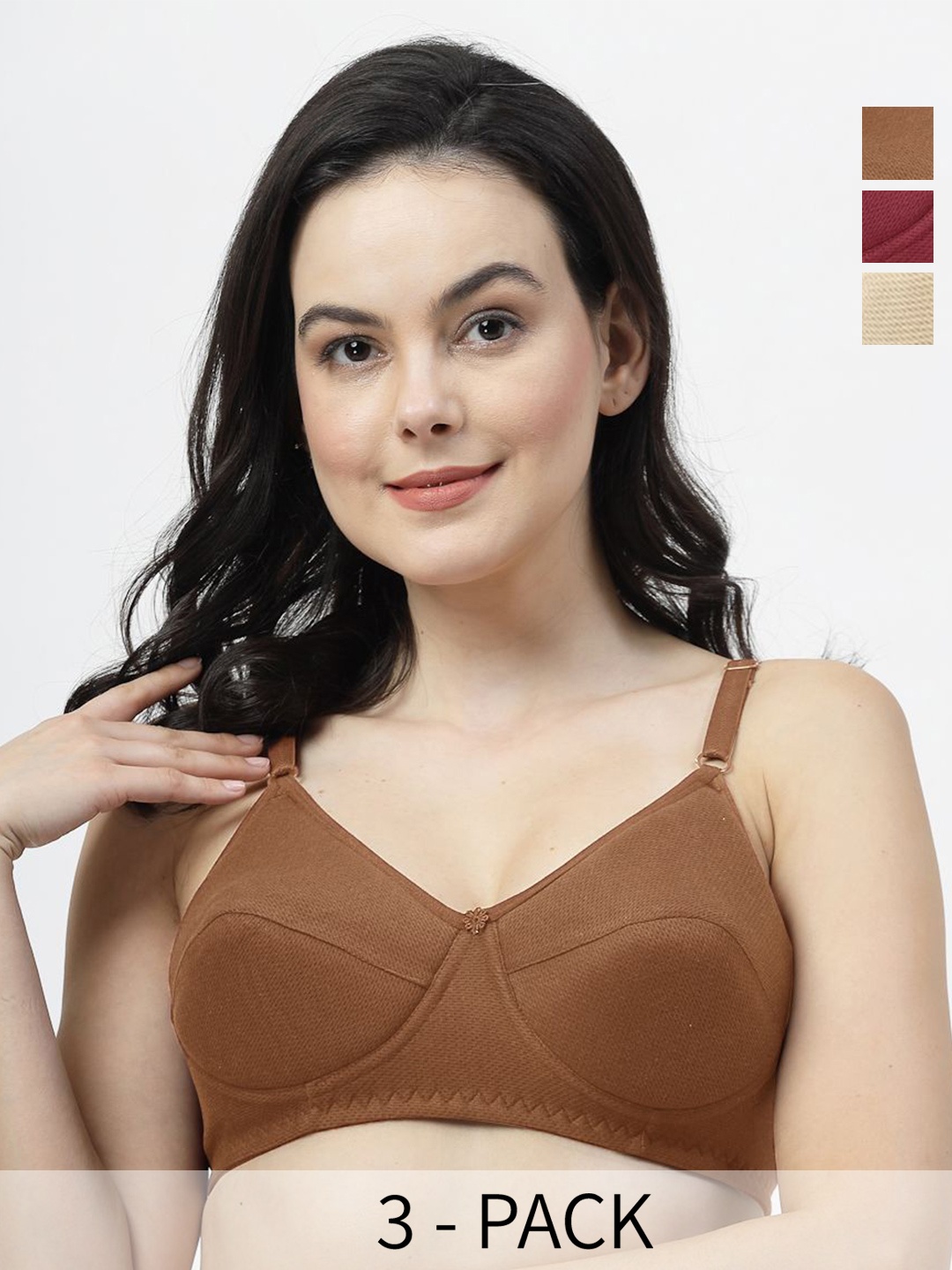 

SHYAM SONS FLAIR Pack Of 3 Full Coverage Lightly Padded Bra ManviFoam-Maroon-Skin-Brown