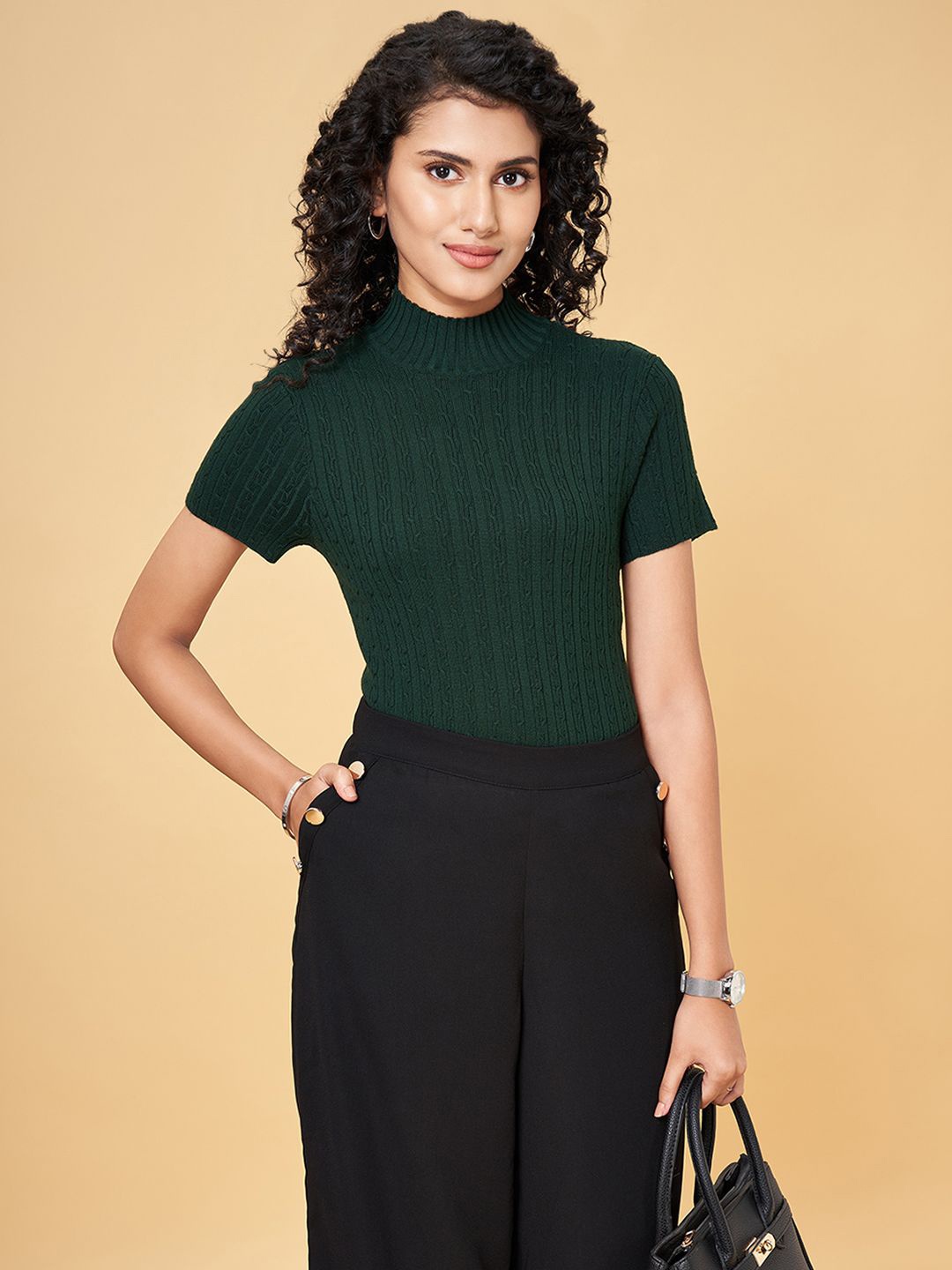 

Annabelle by Pantaloons Women Self Design High Neck Top, Green