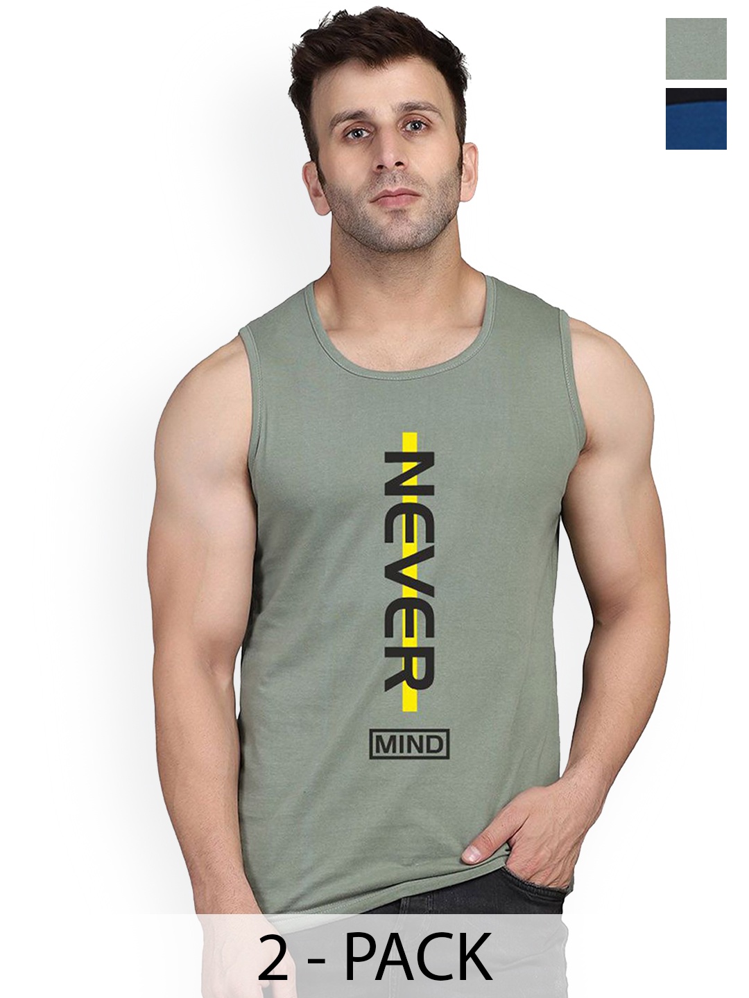 

SLOWLORIS Pack Of 2 Printed Gym Vests SL26 COMBO (LOUD BLKPCK) (NVR LGTGREEN), Black