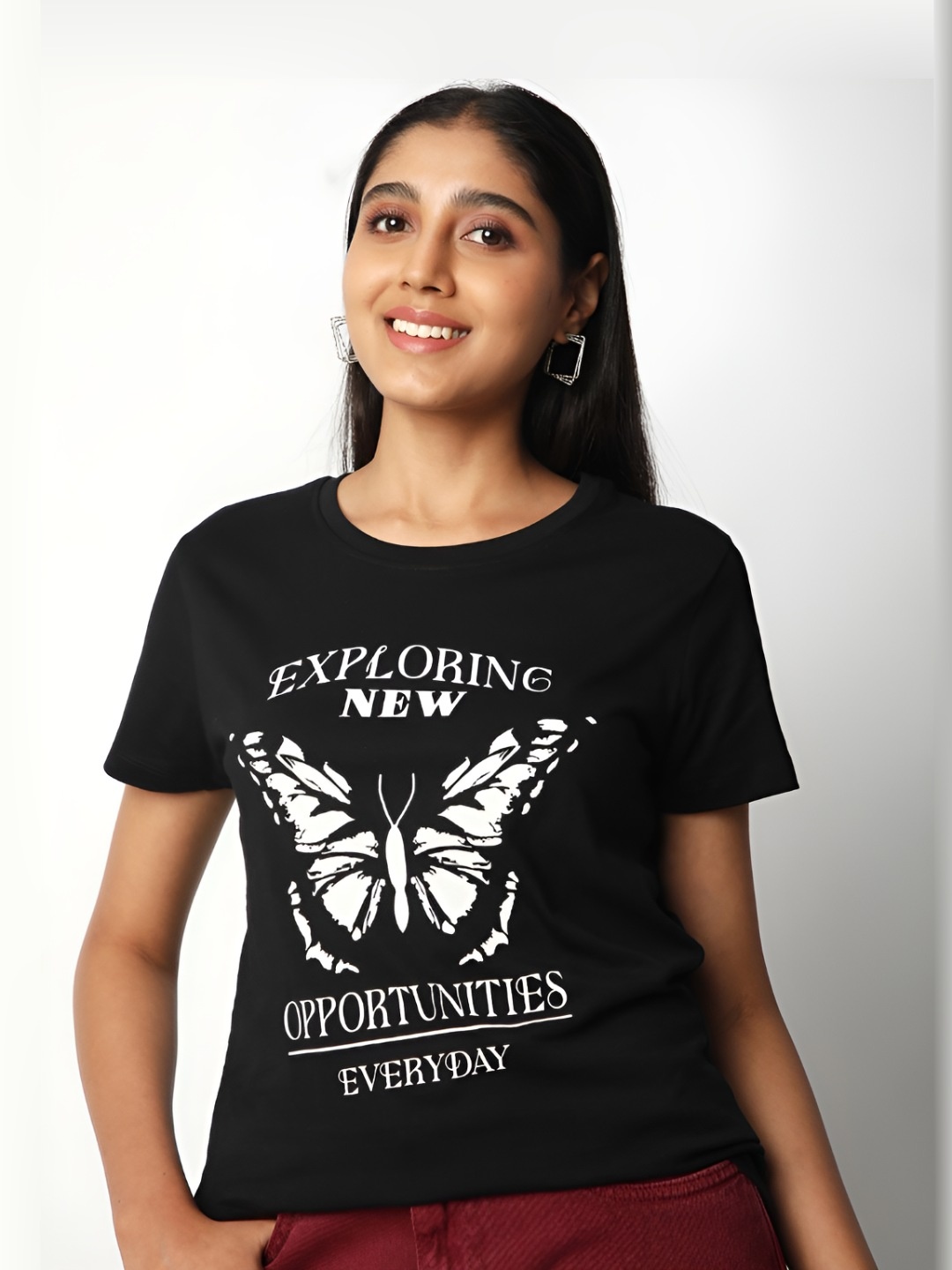 

R&B Women Typography Printed Round Neck Cotton T-shirt, Black