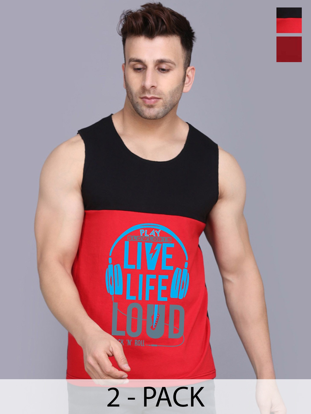 

SLOWLORIS Pack Of 2 Printed Gym Vests SL26 COMBO (LOUD BLKRED) (NVR MAROON), Black