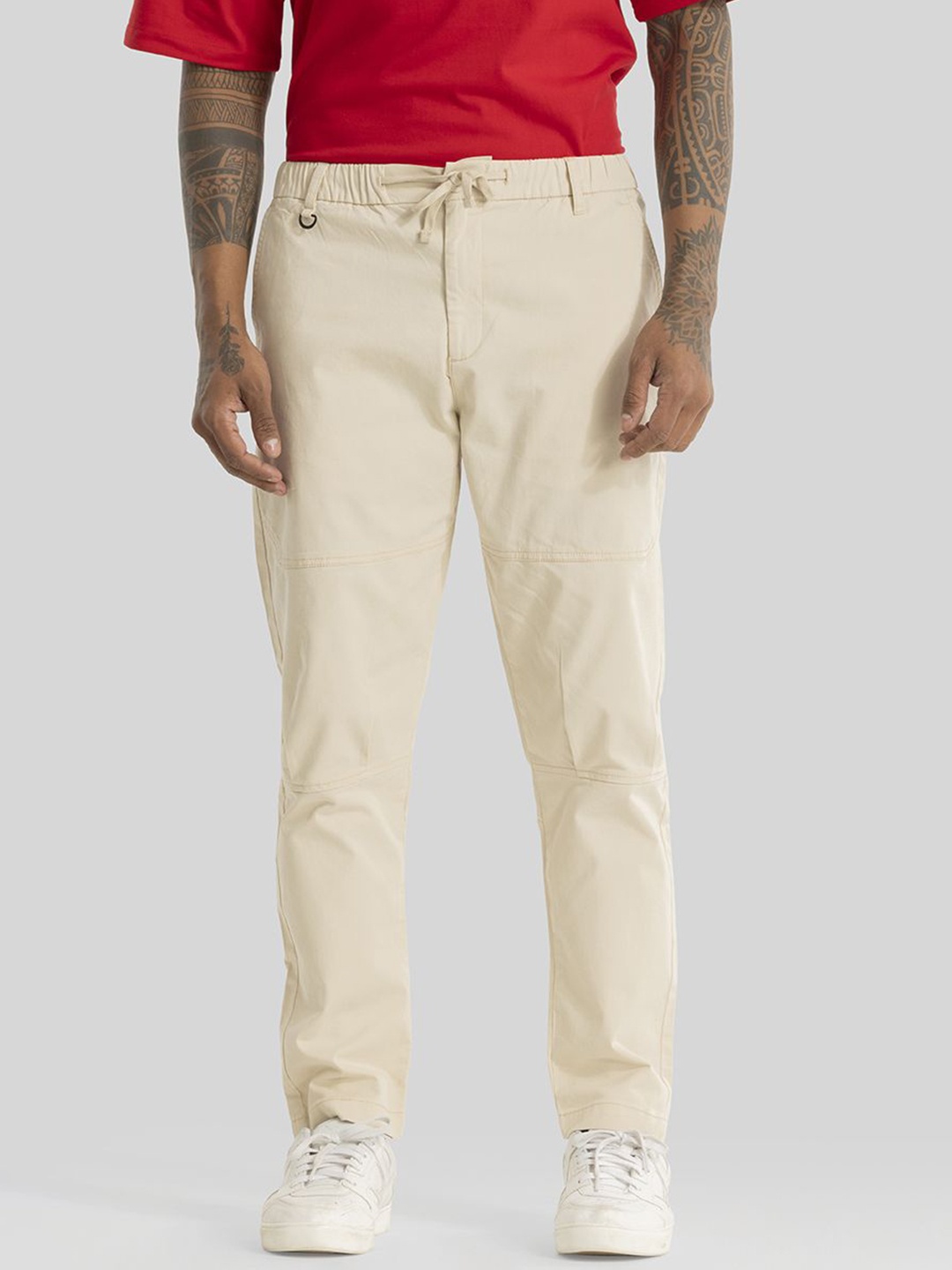 

Snitch Men Smart Slim Fit Chinos Trousers, Cream
