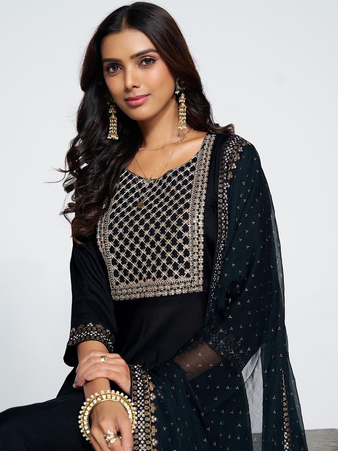 

Sangria Black Floral Yoke Design Thread Work Anarkali Kurta With Trousers & Dupatta