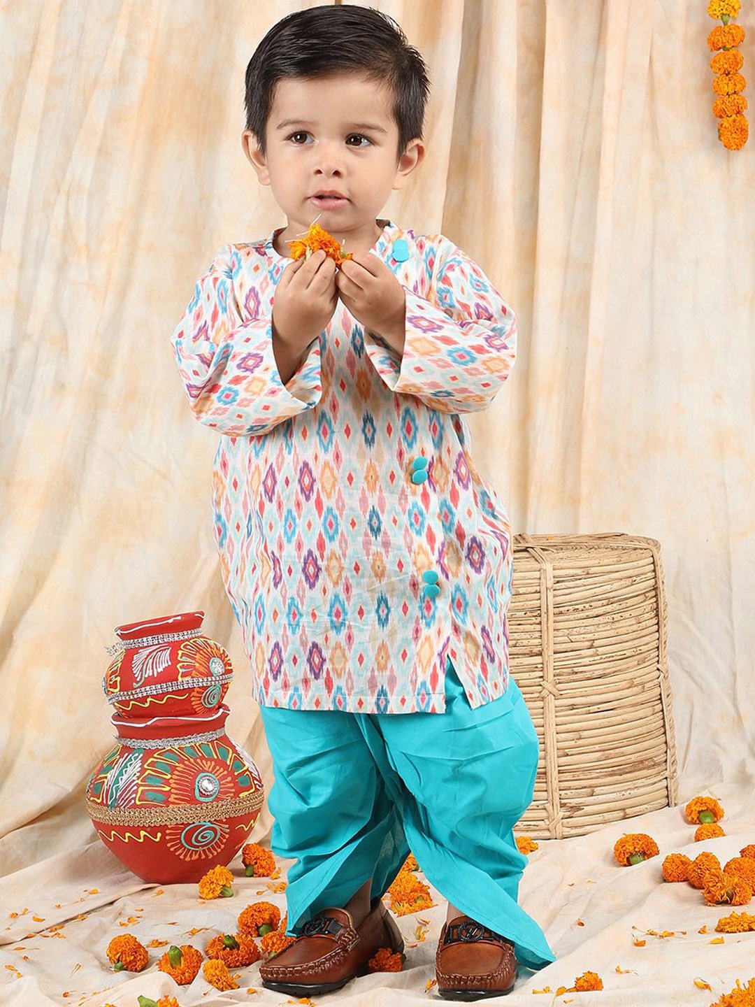 

Polka Tots Boys Printed Pure Cotton Straight Kurta with Dhoti Pants, White