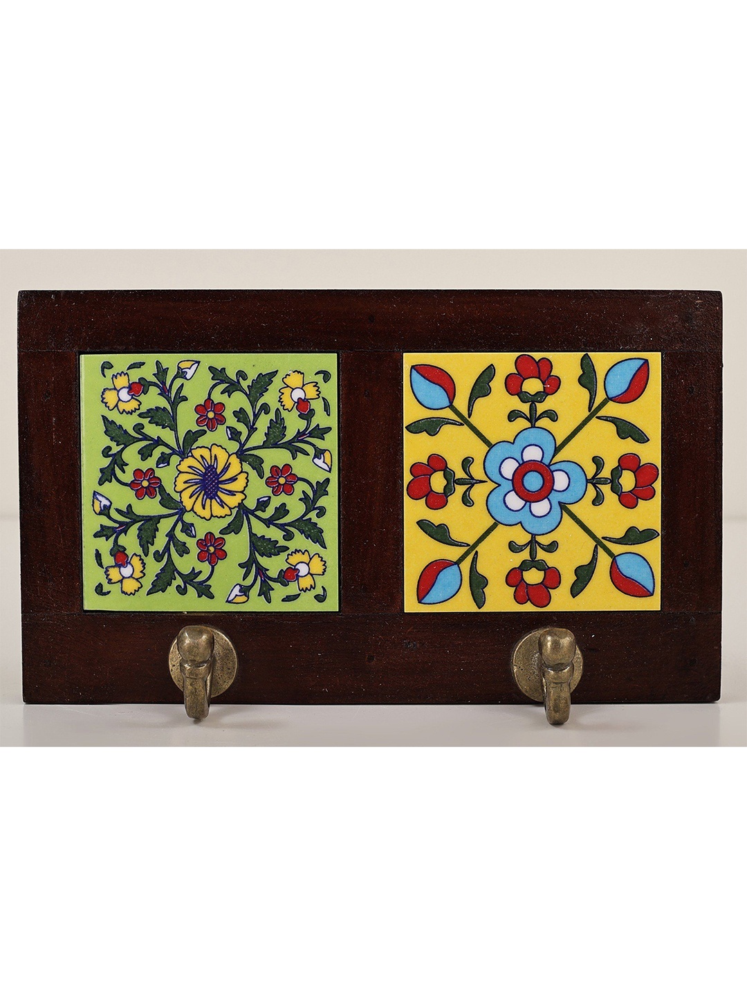 

Exotic India 8" Decorative 2 Hooks Brown Wooden Key Holder (Wood, Brass and Ceramic Tiles), Green