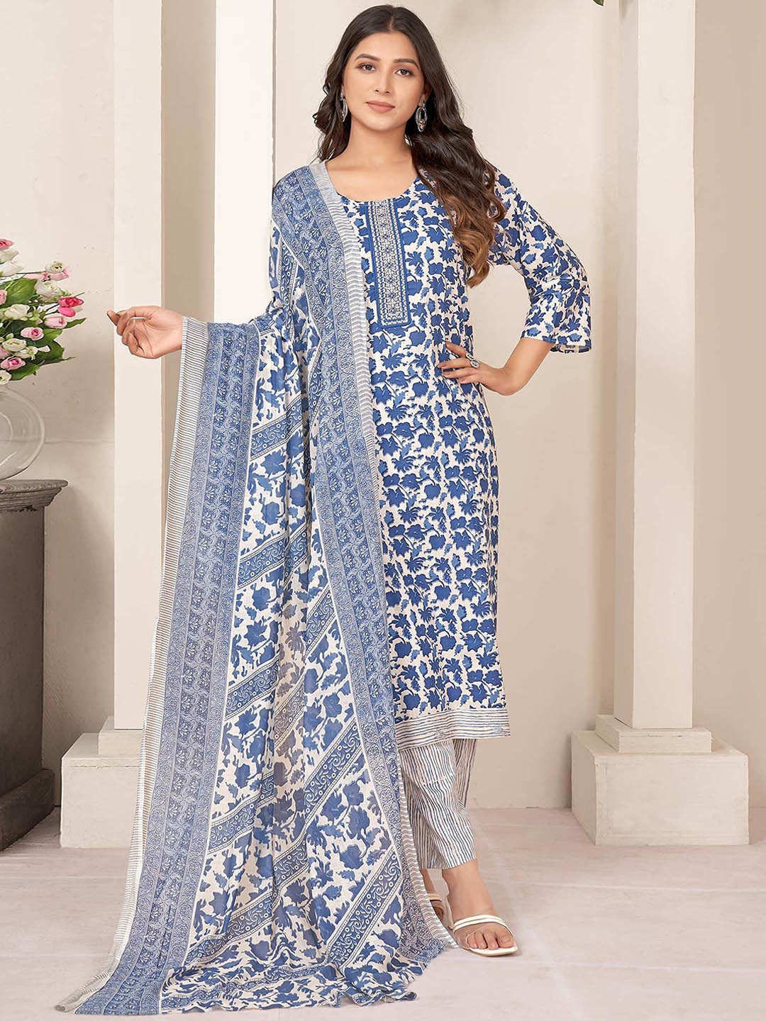 

Peachmode Floral Printed Sequinned Pure Cotton Straight Kurta With Trousers & Dupatta, Blue