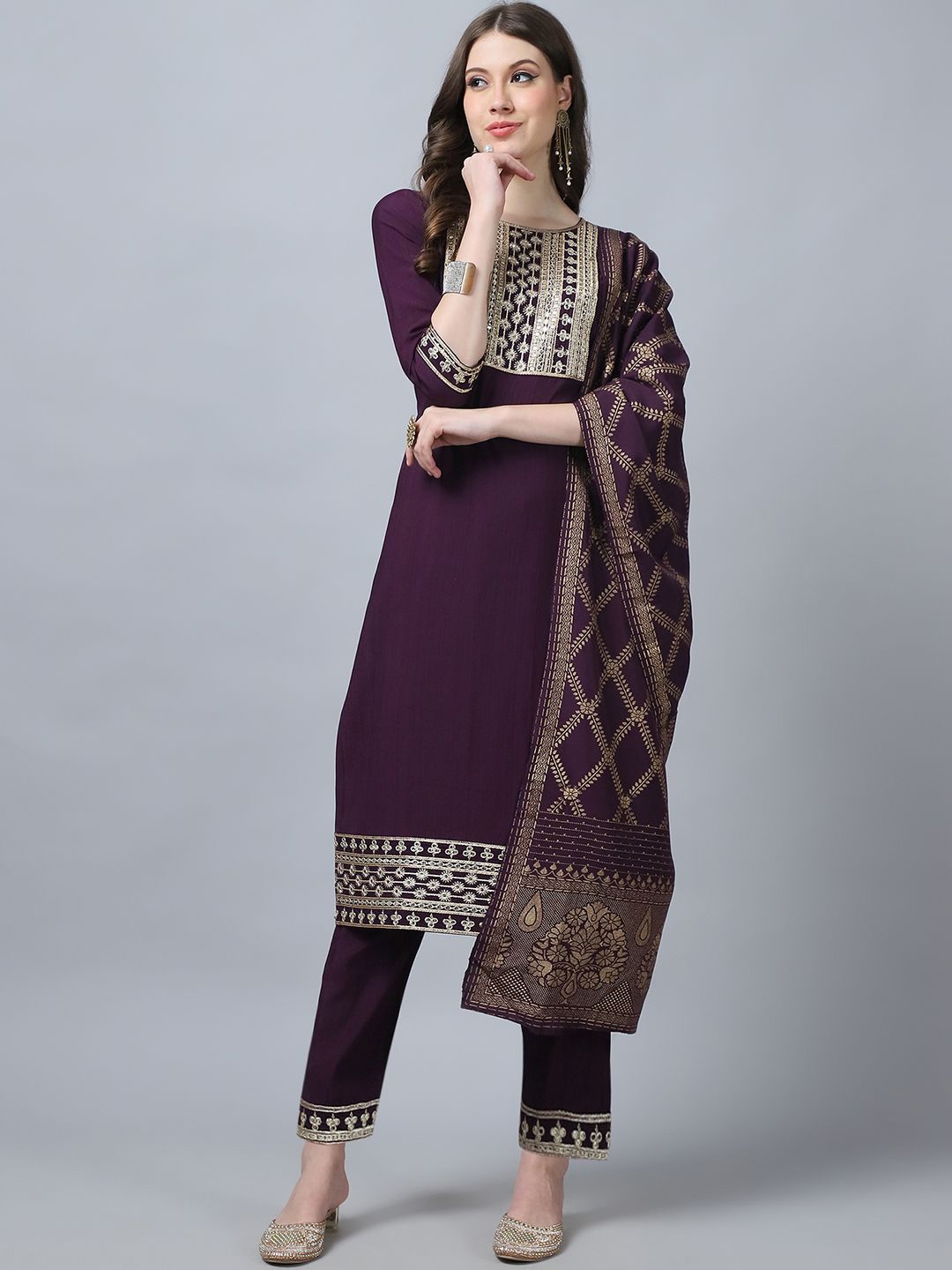 

KALINI Floral Embroidered Pure Silk Kurta with Trousers & Dupatta, Maroon