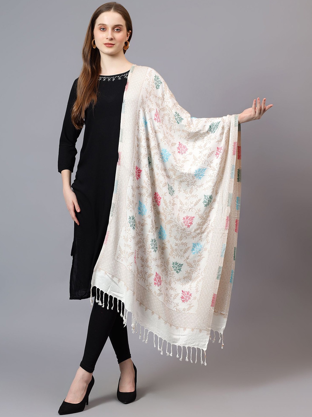 

Mizash Ethnic Motifs Woven Design Woollen Shawl, White