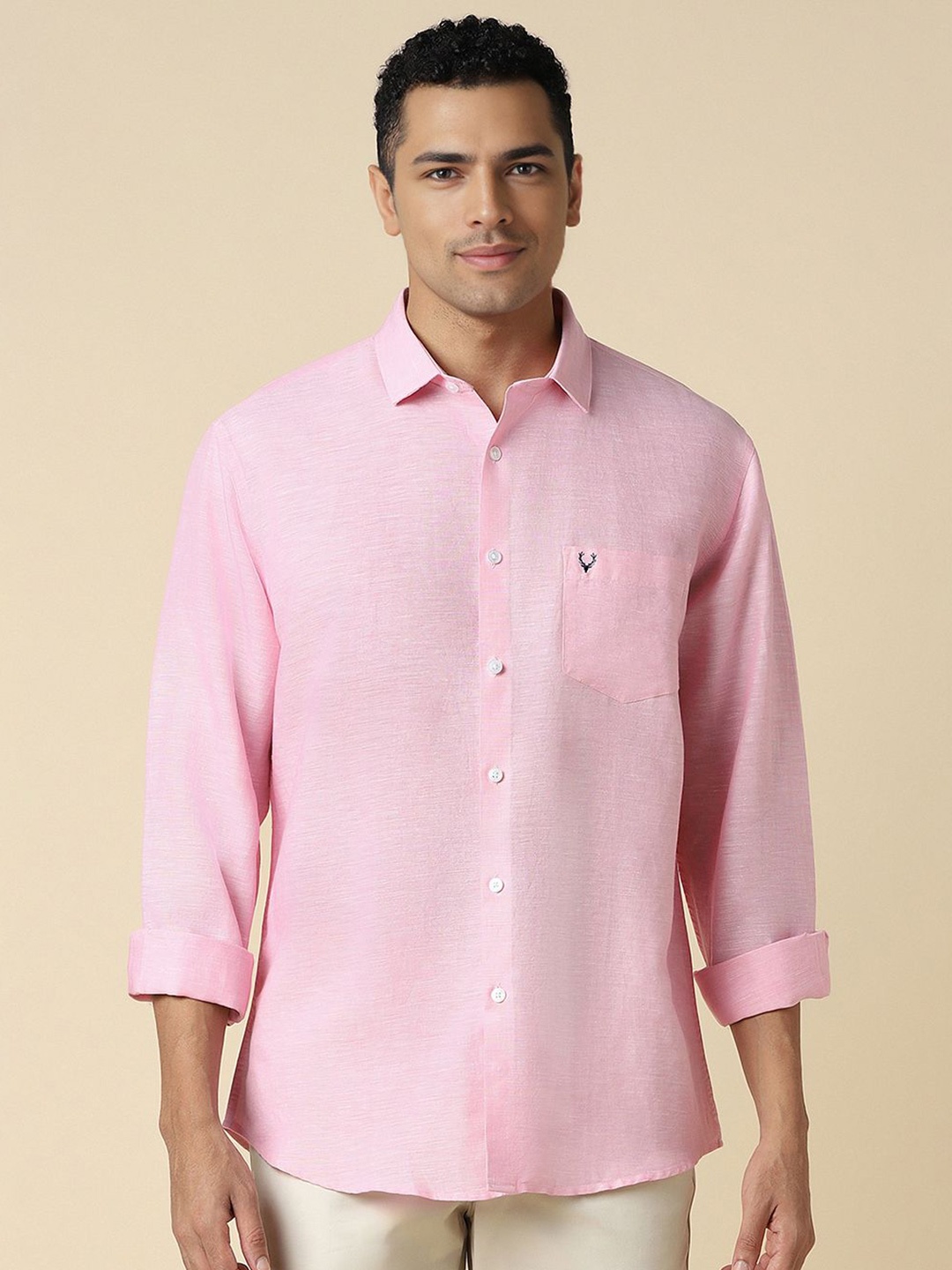 

Allen Solly Men Spread Collar Solid Linen Slim Fit Casual Shirt, Pink