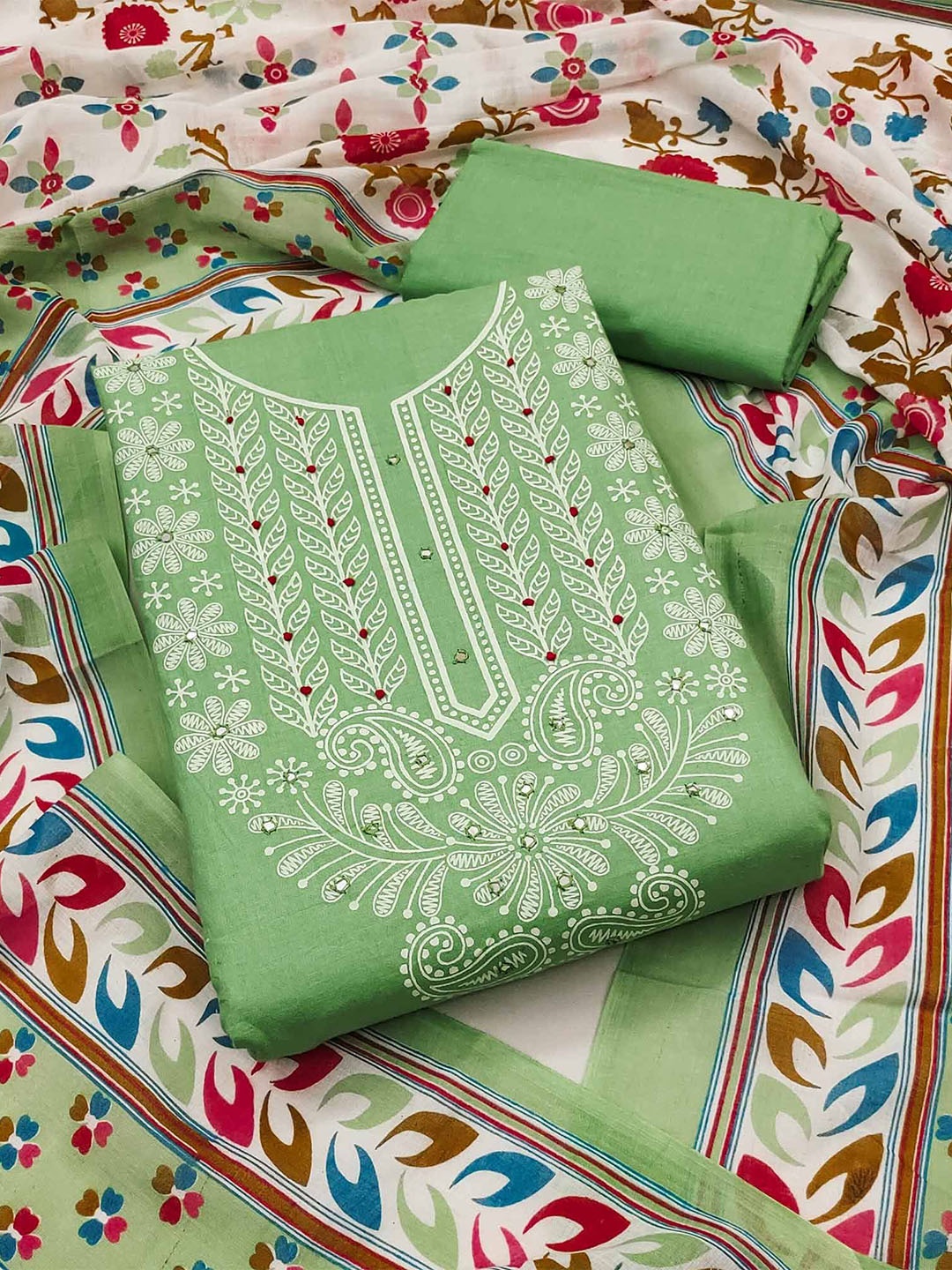

Peachmode Mirror Work Floral Printed Pure Cotton Unstitched Dress Material, Green