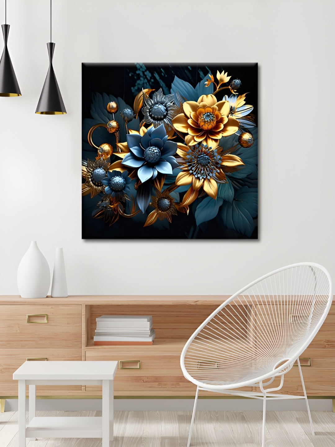 

OLIVE TREE Black & Beige Floral Wooden Framed Canvas Painting Wall Art