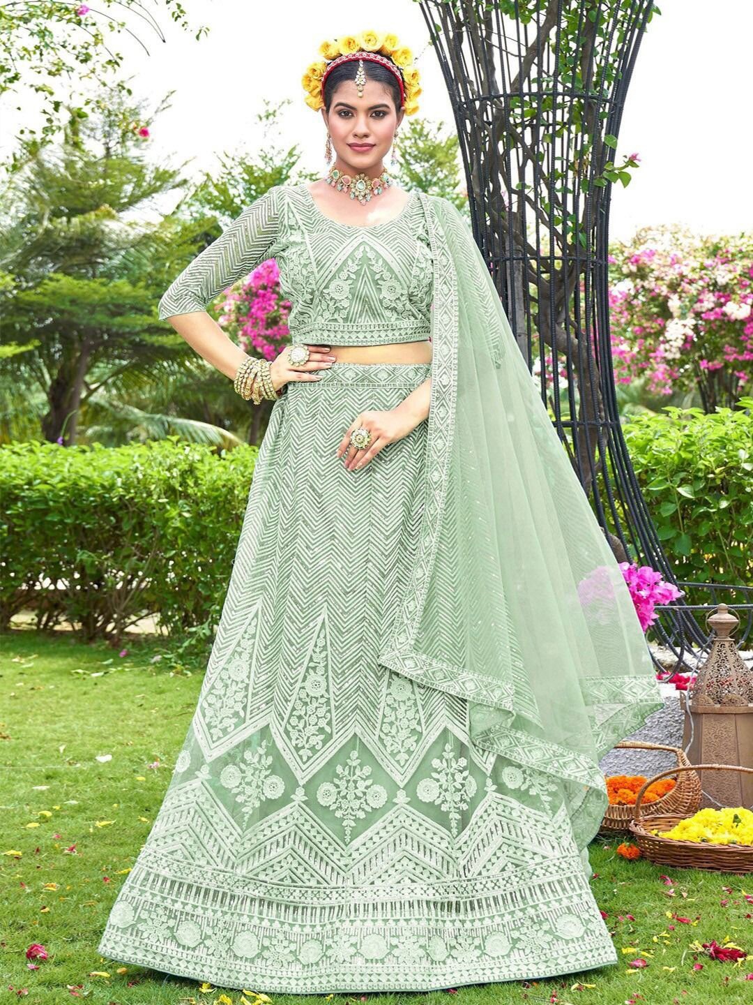 

Cute fellow Embroidered Thread Work Semi-Stitched Lehenga & Unstitched Blouse With Dupatta, Green