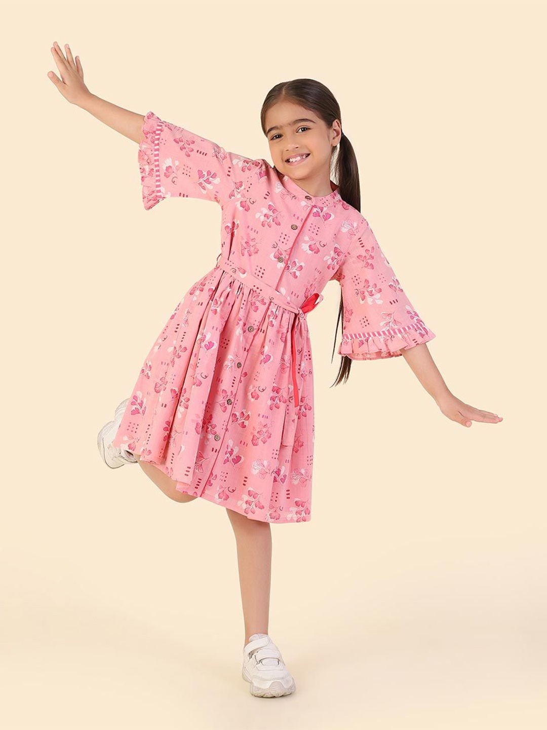 

Fabindia Girls Floral Print Flared Sleeve Fit & Flare Dress, Pink