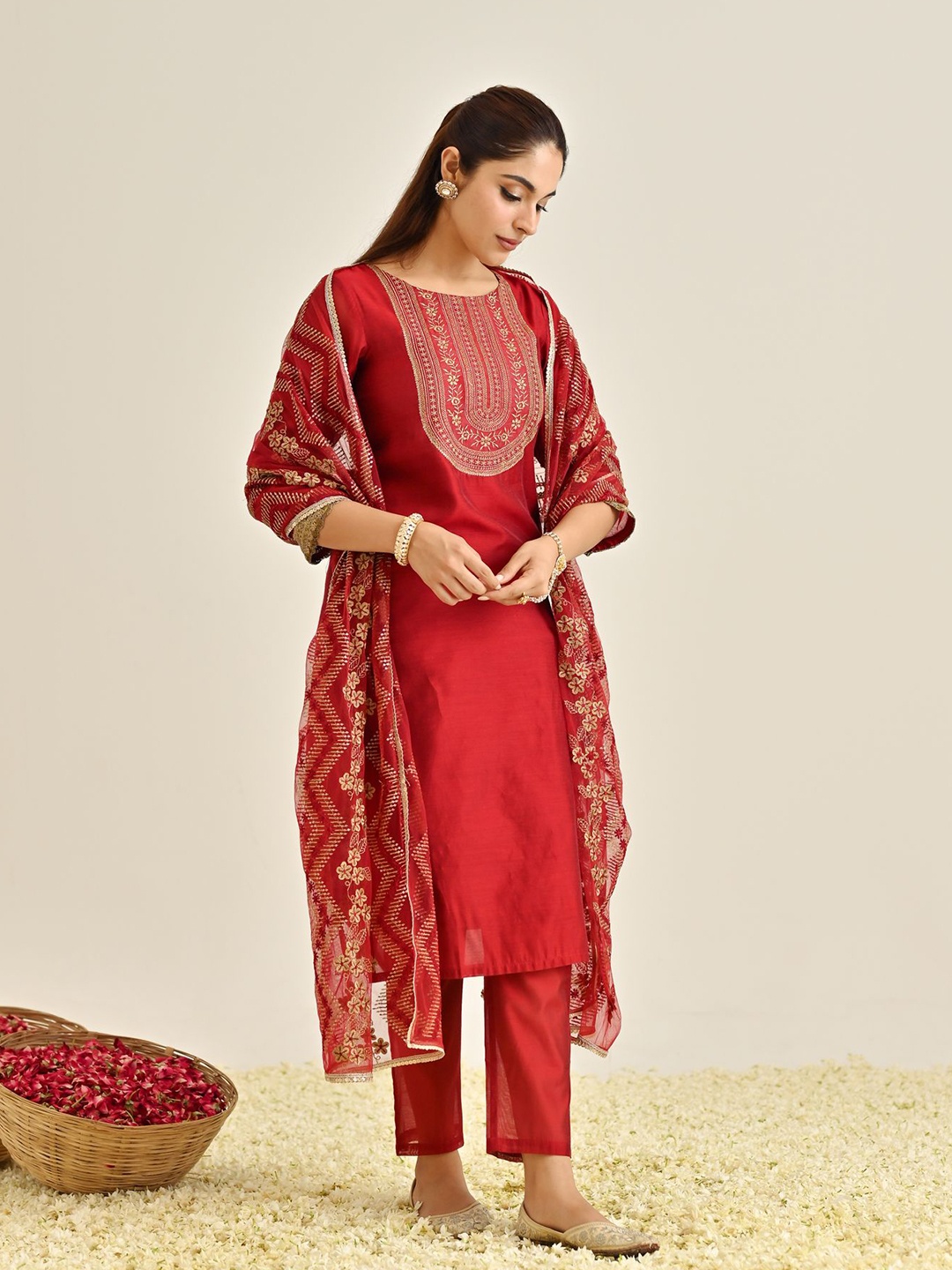 

Rustorange Ethnic Motifs Yoke Design Thread Work Straight Kurta With Trousers & Dupatta, Red